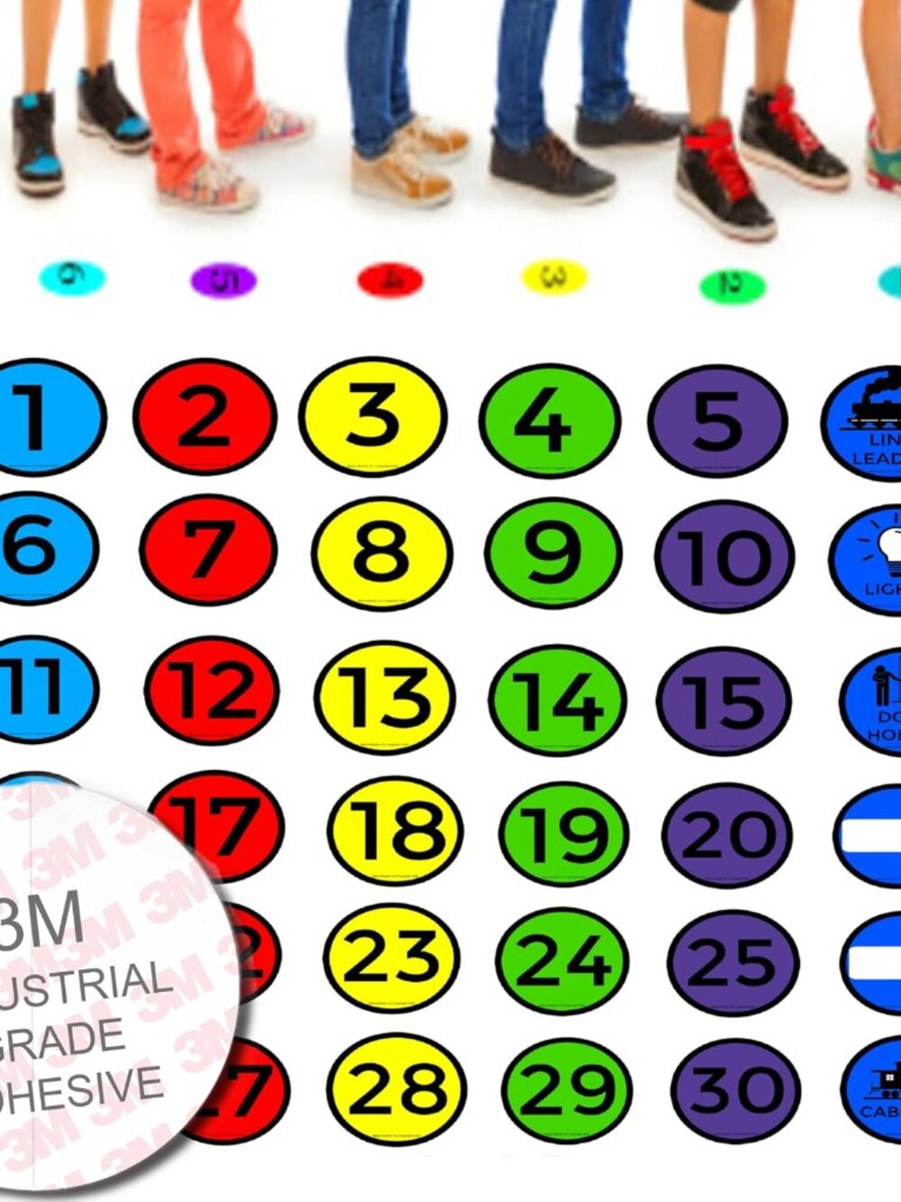 Line 'Em Up Spots by | PET Stickers | Numbered 1-30, 6 Colors Including Line Lea